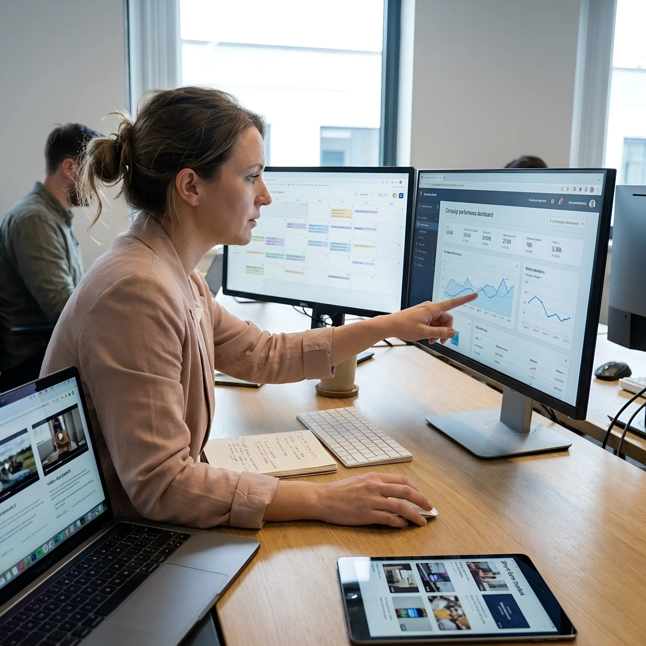 Content strategist reviewing marketing performance reports