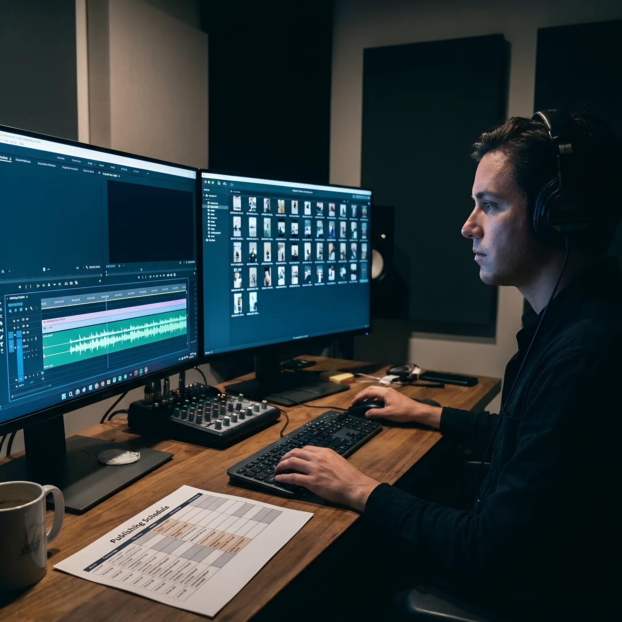 Producer reviewing video content with client