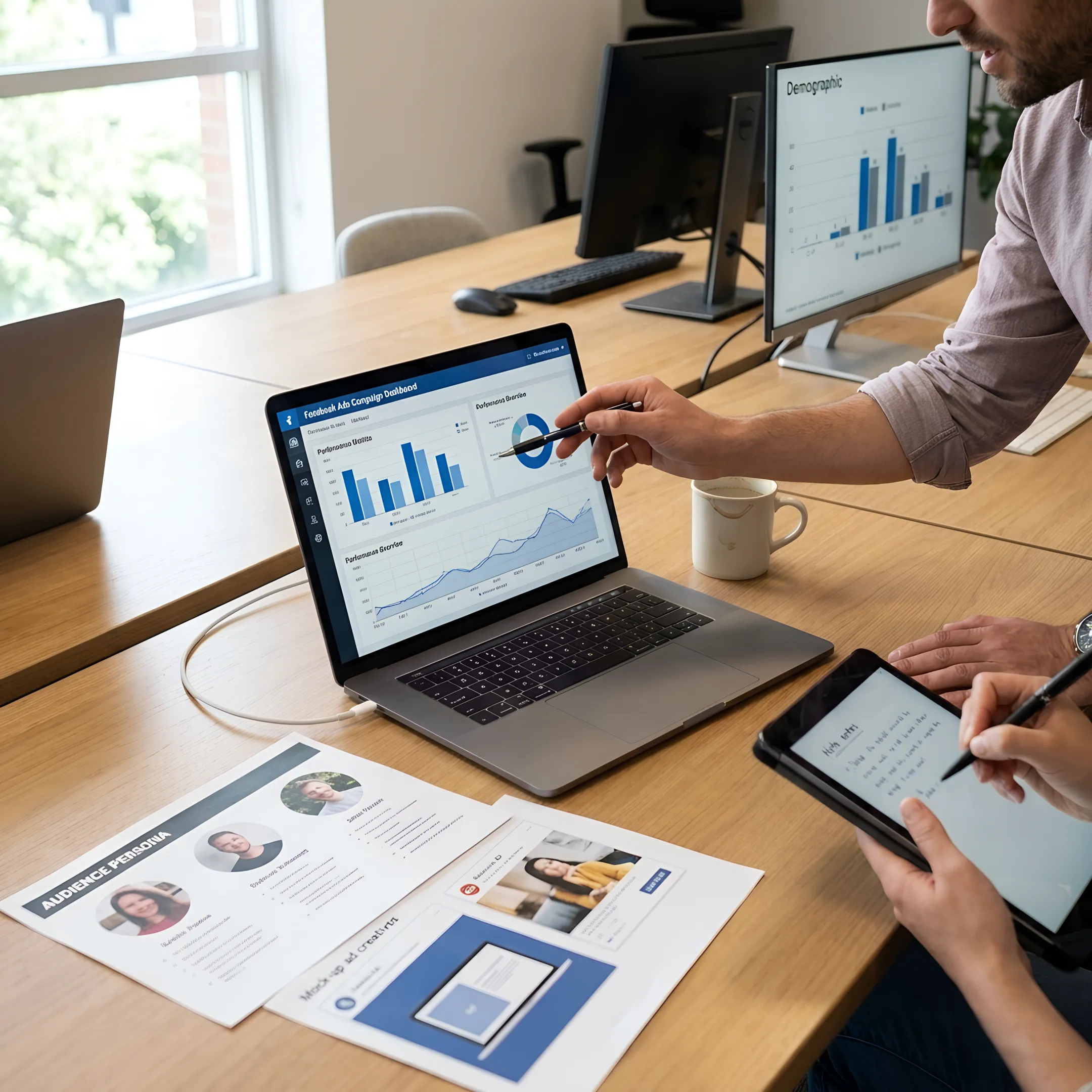 Marketing team reviewing Facebook ad performance