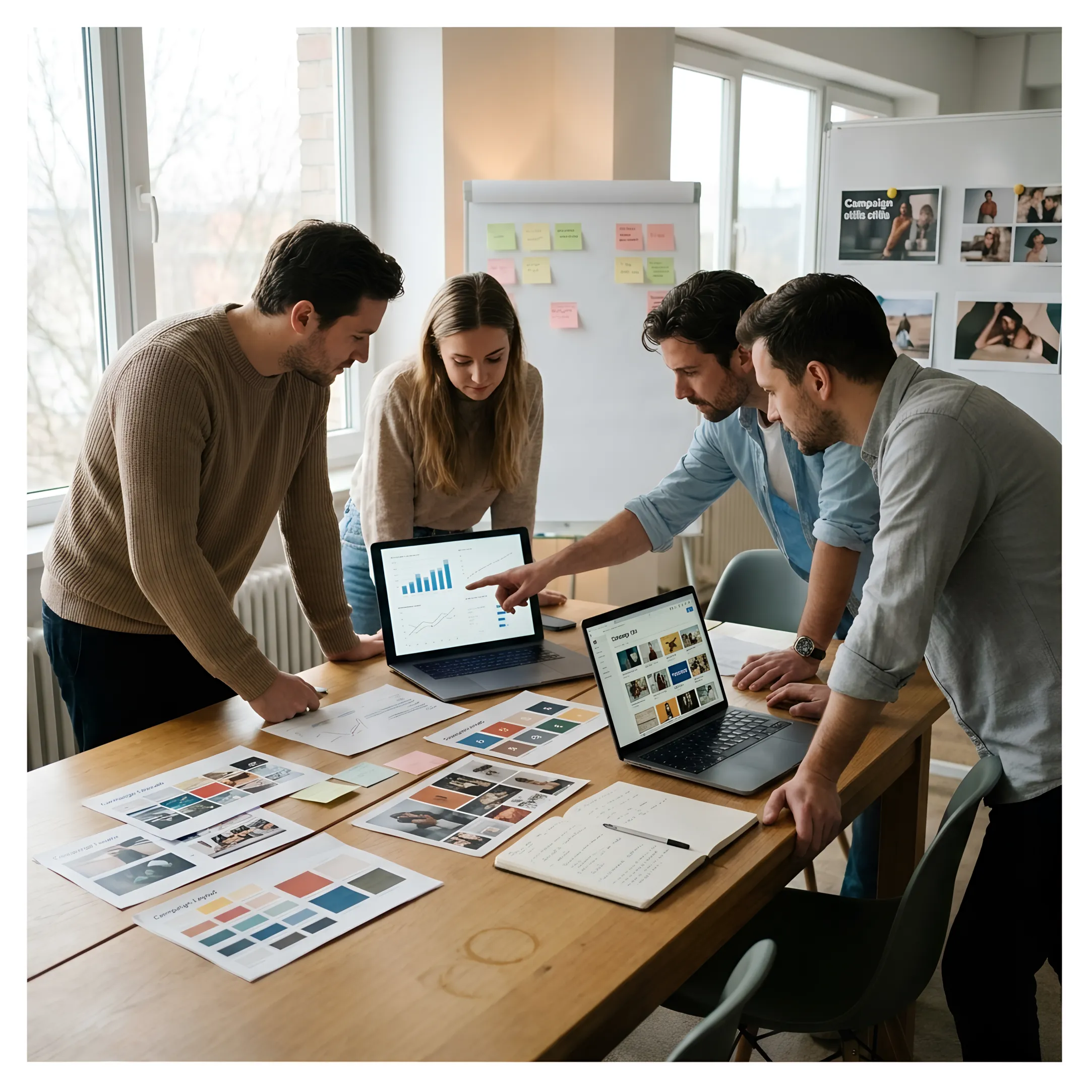 Marketing team reviewing digital campaign performance