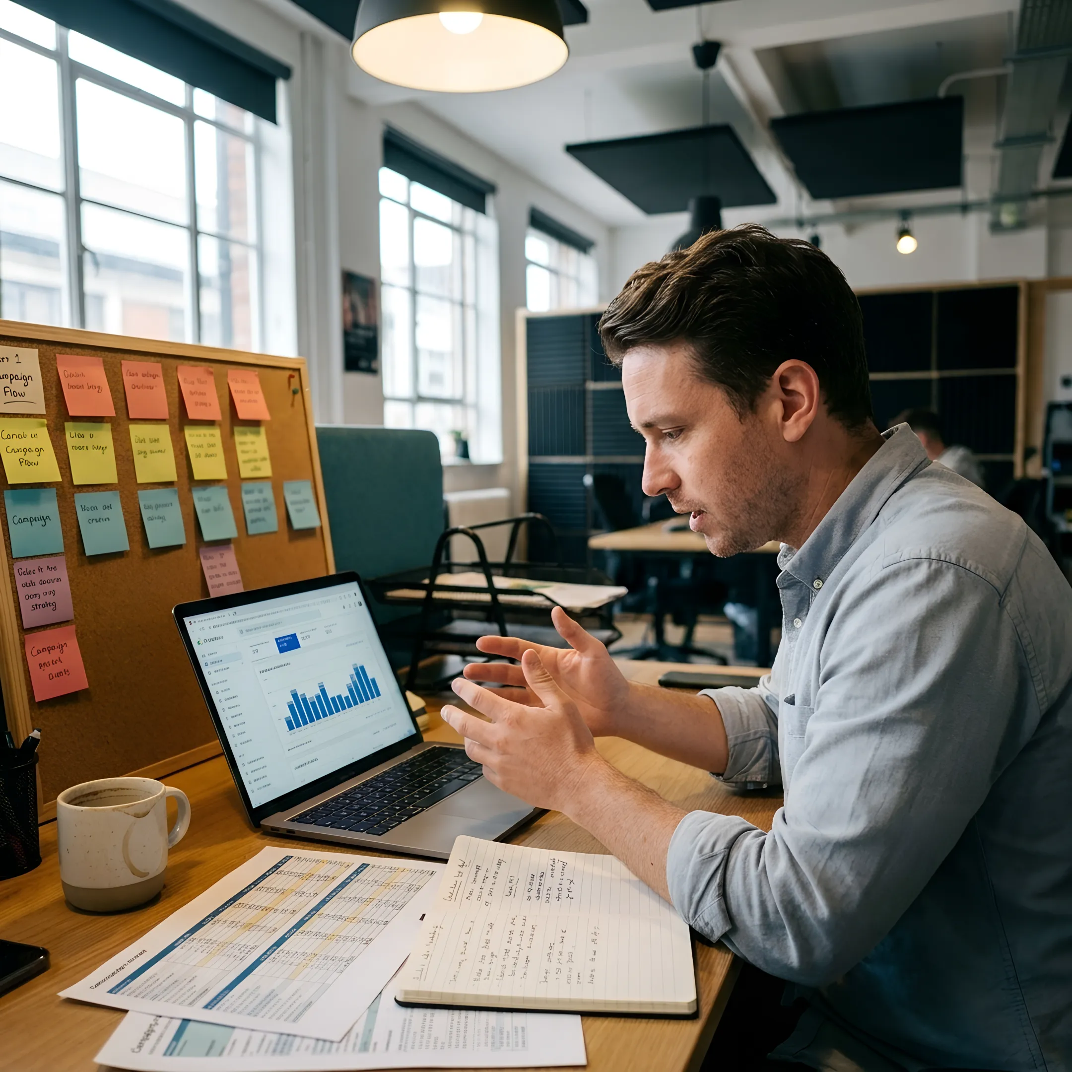 Strategist planning a connected digital marketing campaign