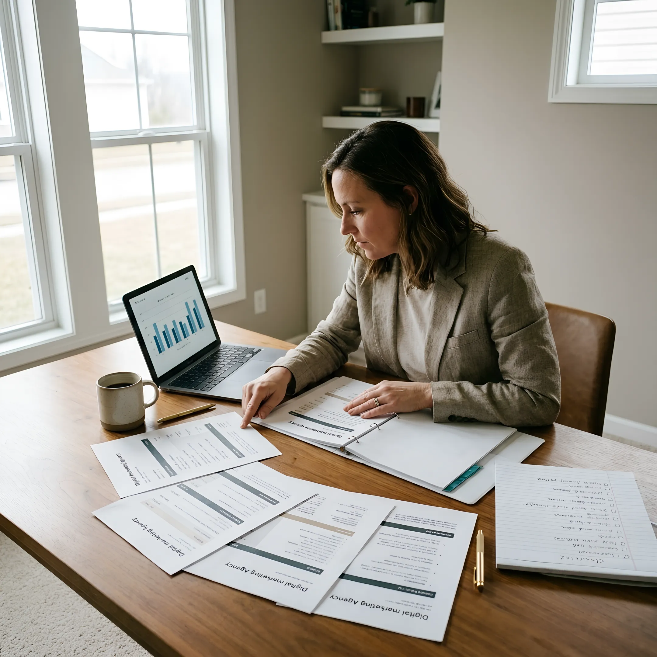 Business owner comparing marketing agency proposals