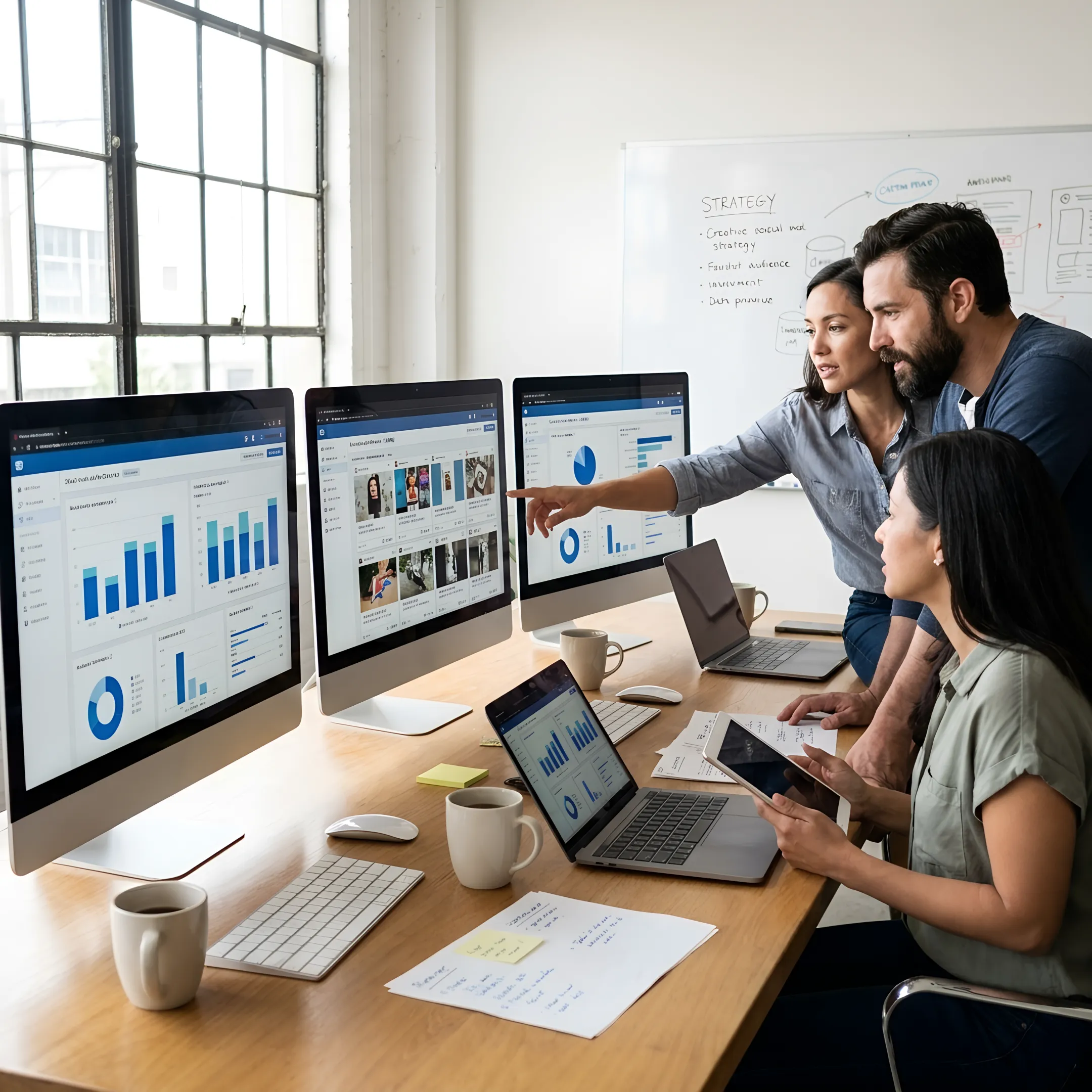 Marketing team reviewing a social media ad campaign