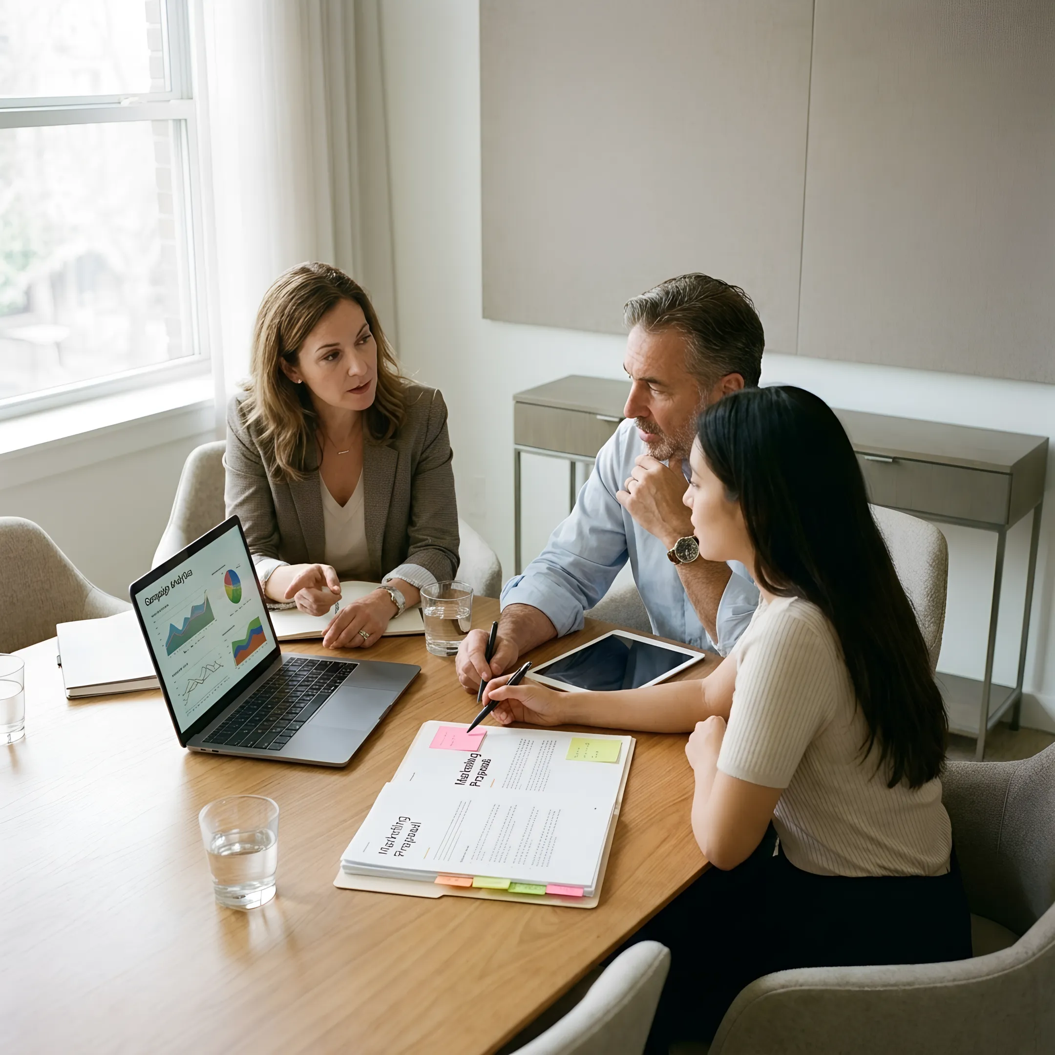 Business owners reviewing marketing agency strategy