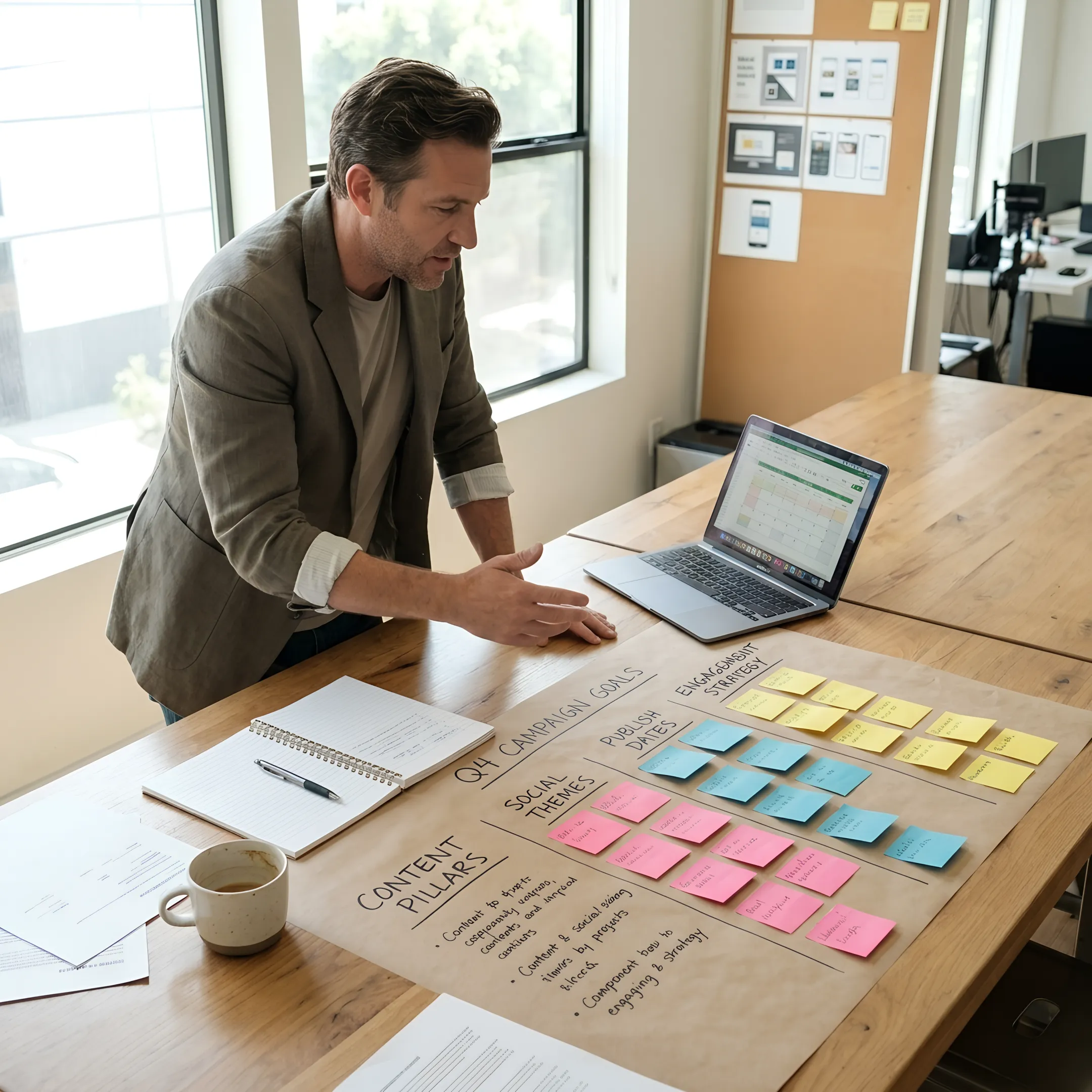 Consultant planning social media content with a client