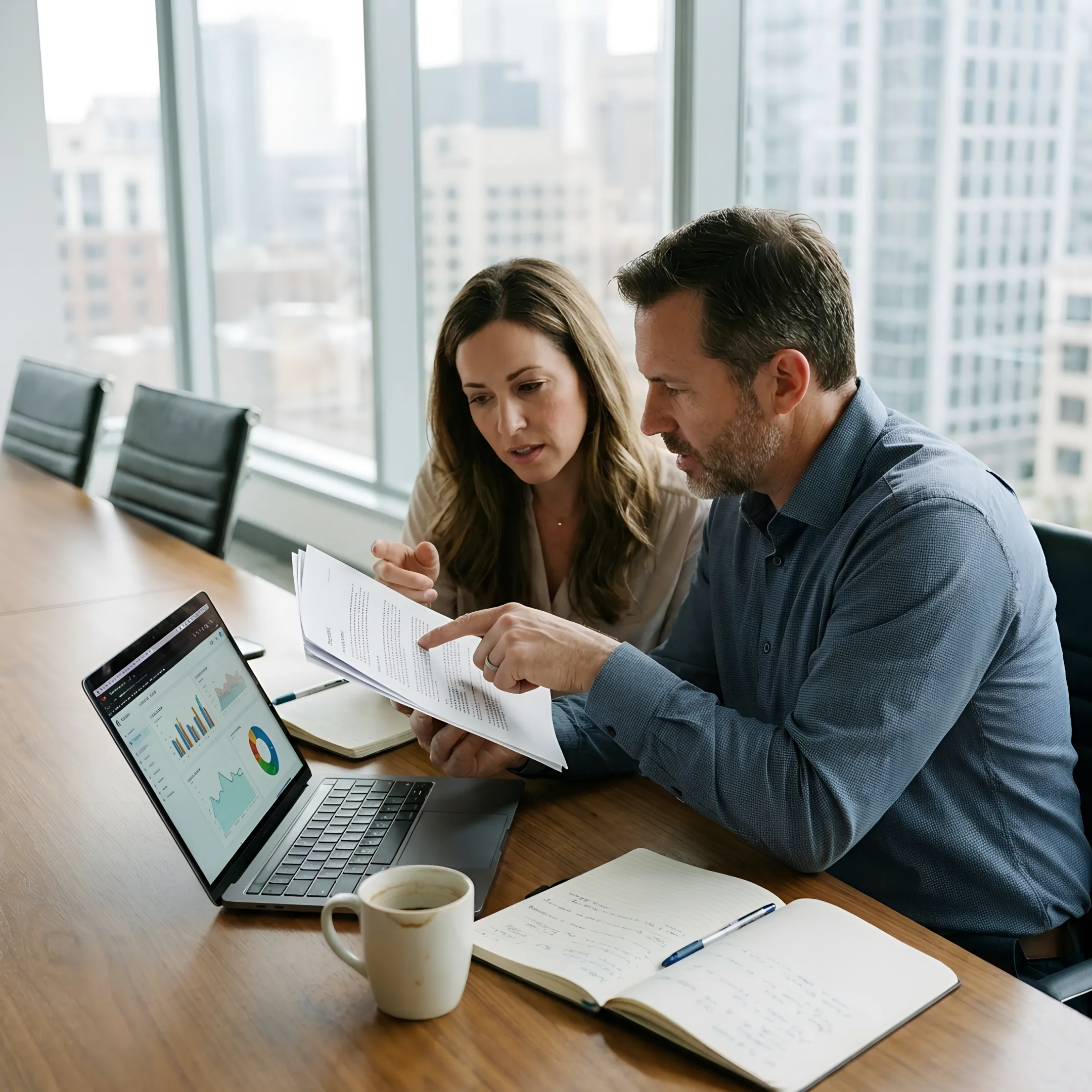 Business owners reviewing marketing agency proposals