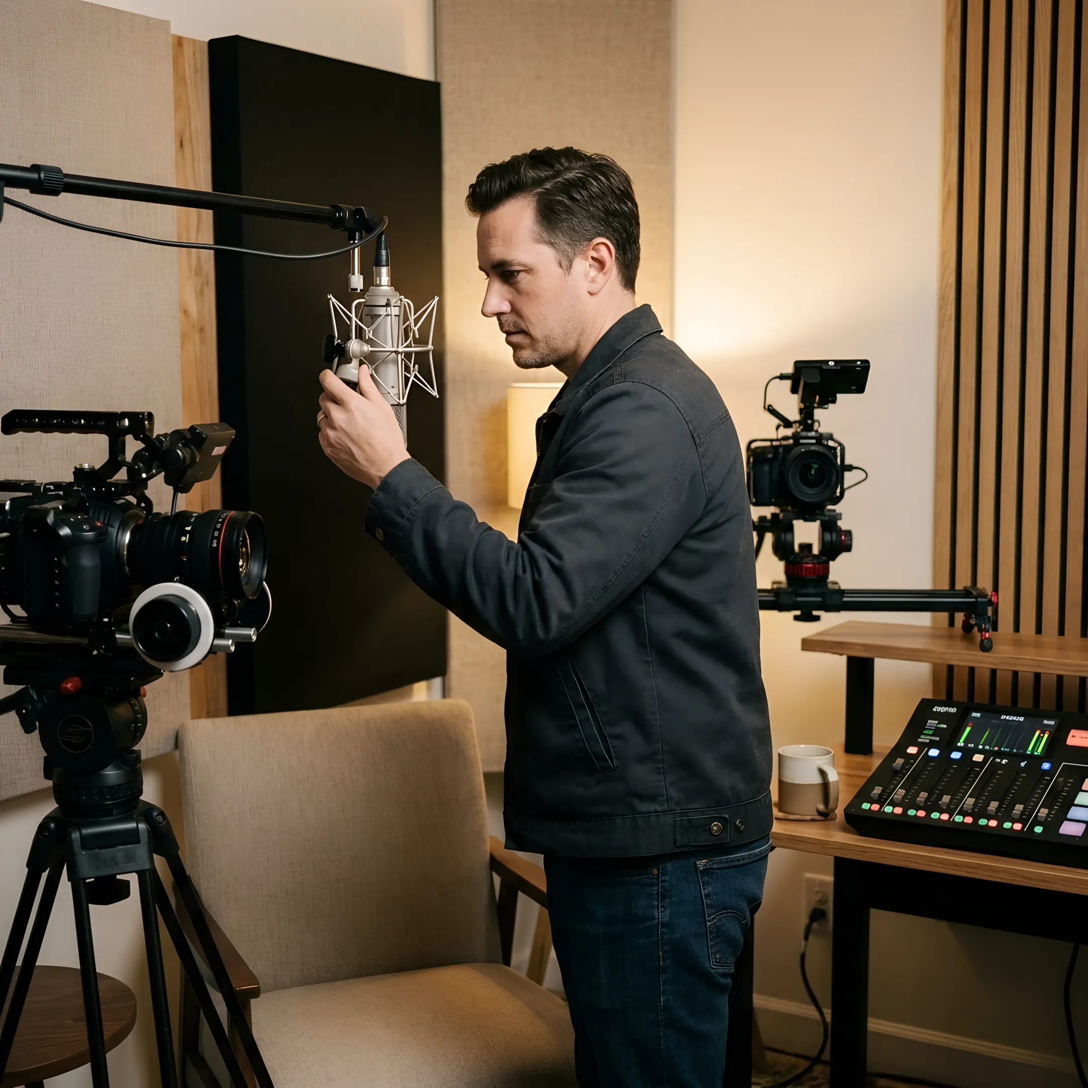 Producer setting up microphones for a podcast session