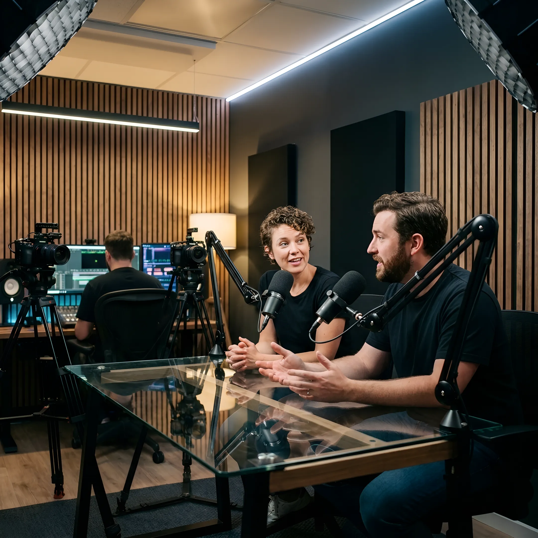 Podcast hosts recording in a West Hollywood studio