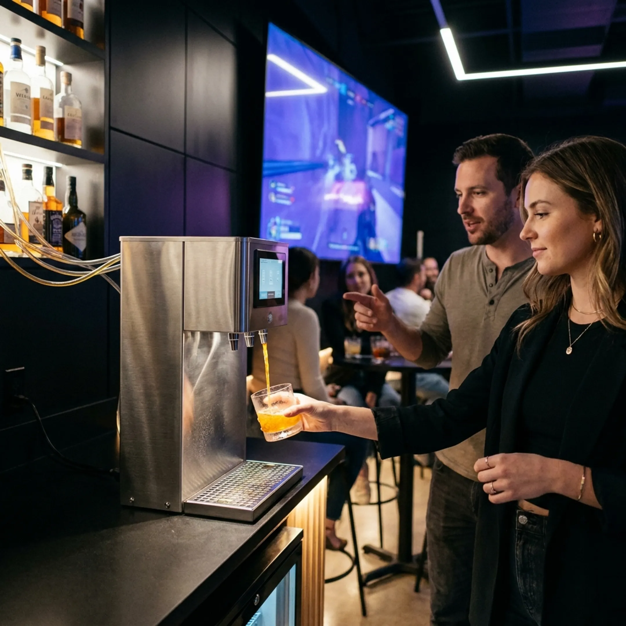 Automated cocktail dispenser serving drinks at a modern esports bar