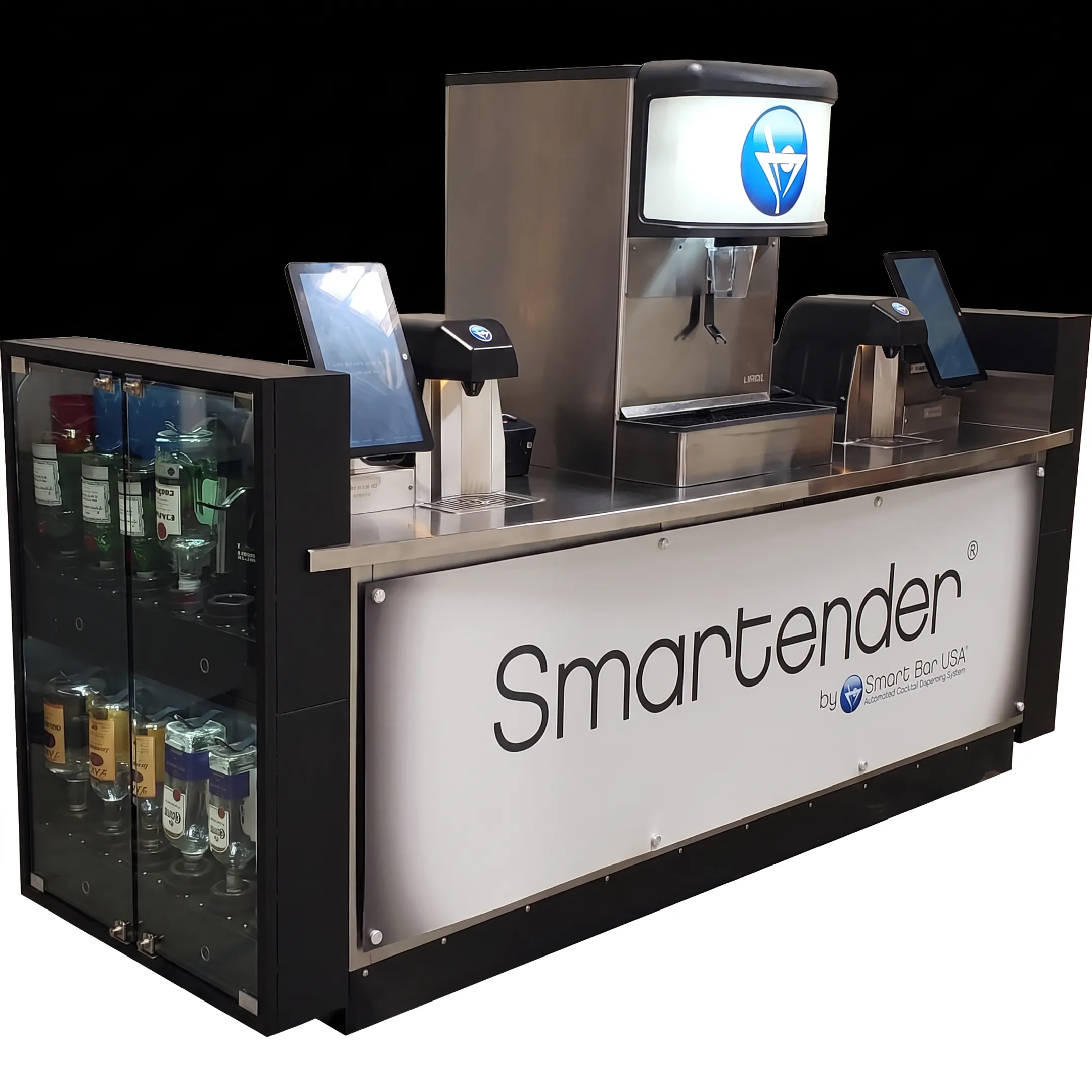 Smartender system dispensing a cocktail beside a digital ordering interface