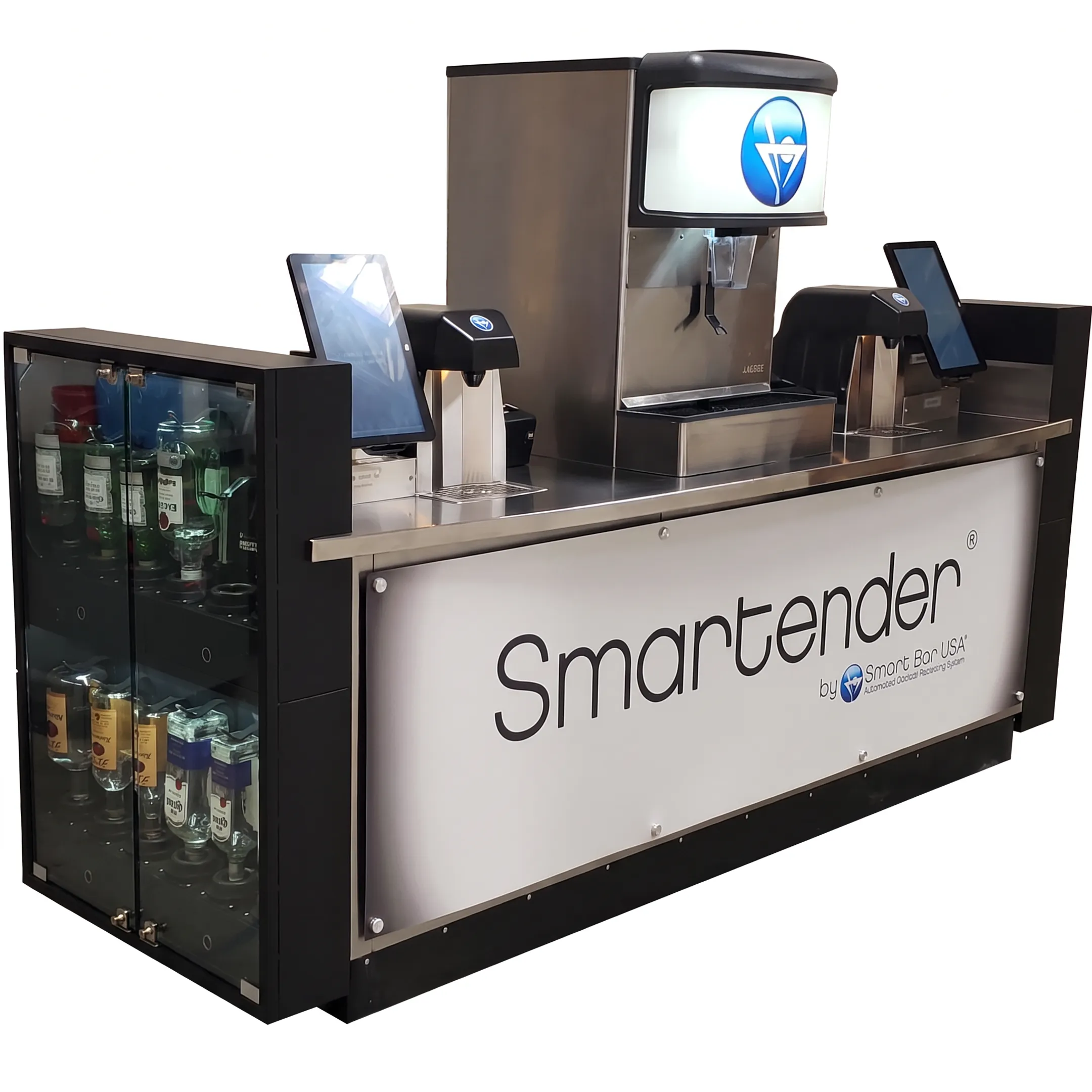Automated cocktail dispensing system serving drinks at a modern venue bar