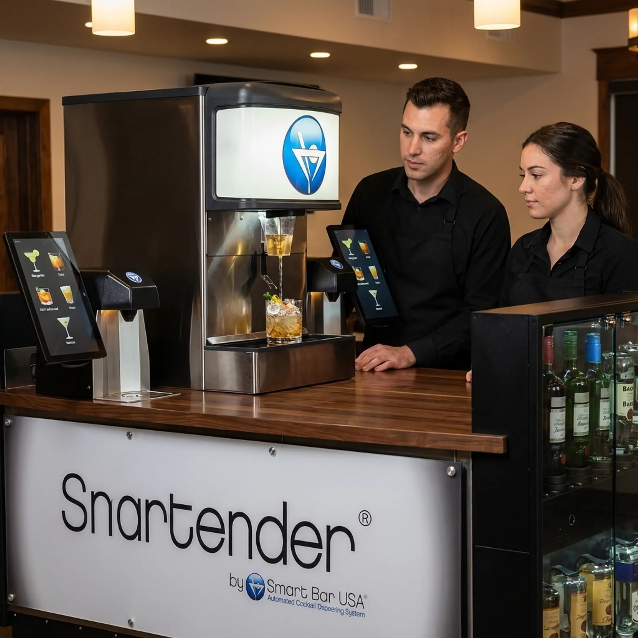 Smartender automated beverage dispenser serving cocktails in a modern hospitality venue