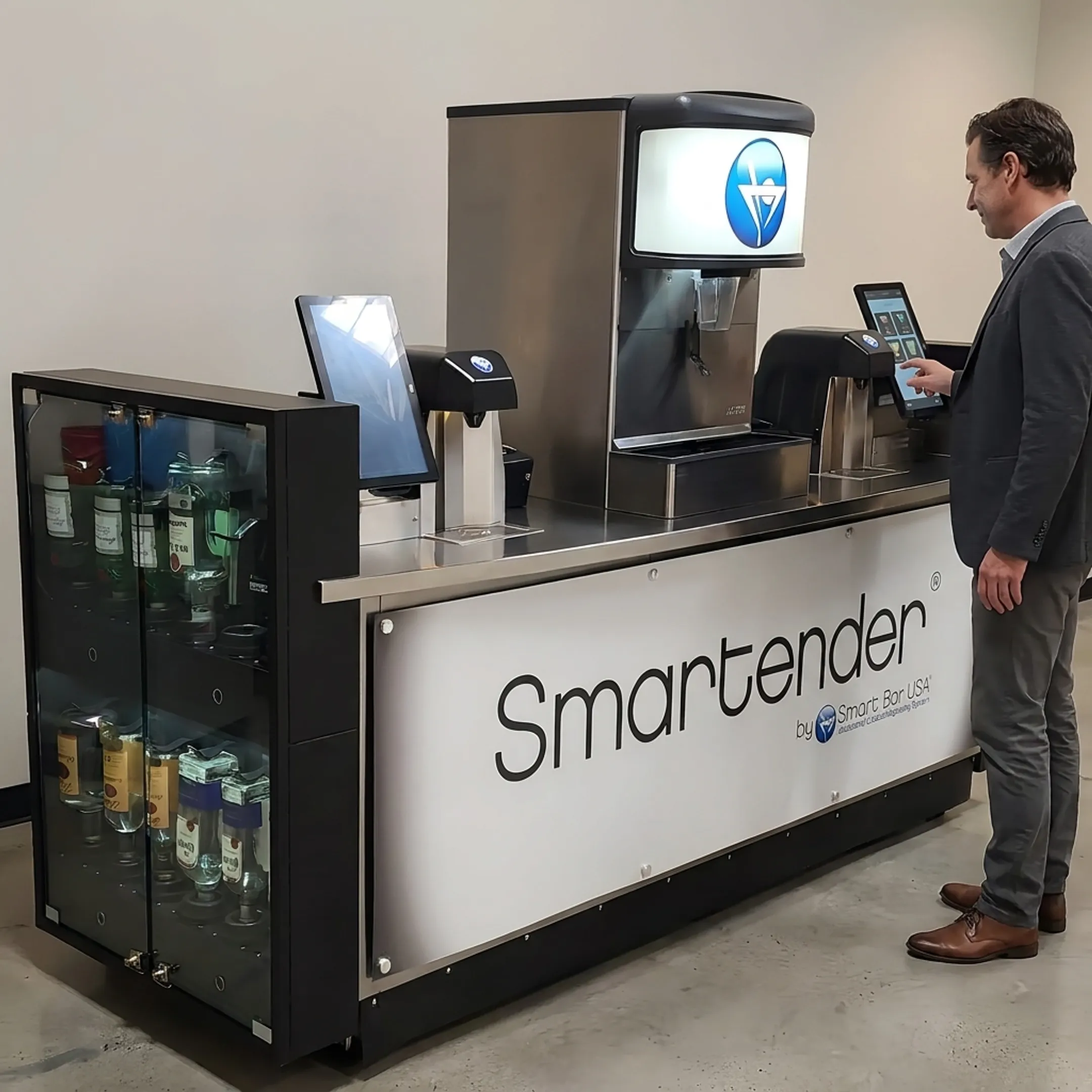 Guest using a Smartender touchscreen kiosk to order a cocktail
