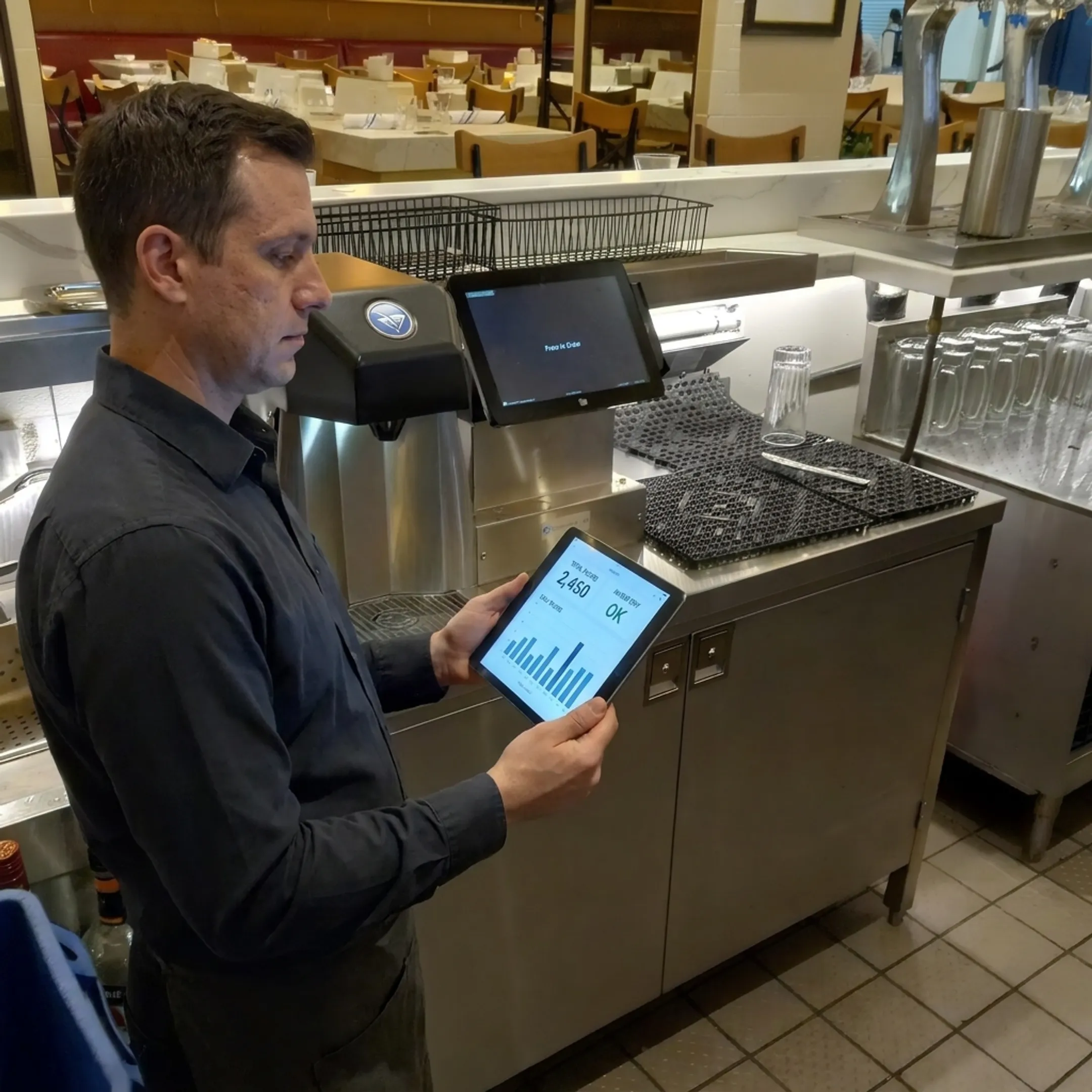 Restaurant operator reviewing automated beverage software