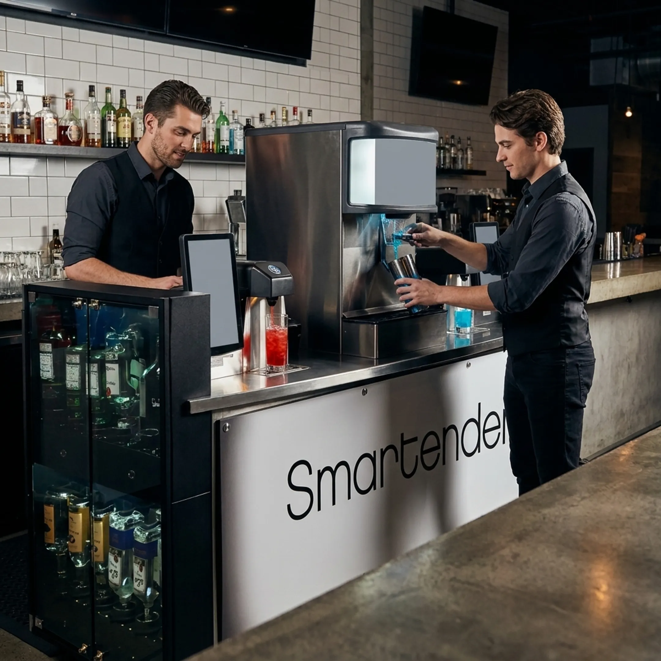 Automated cocktail dispenser serving drinks in a modern hospitality venue