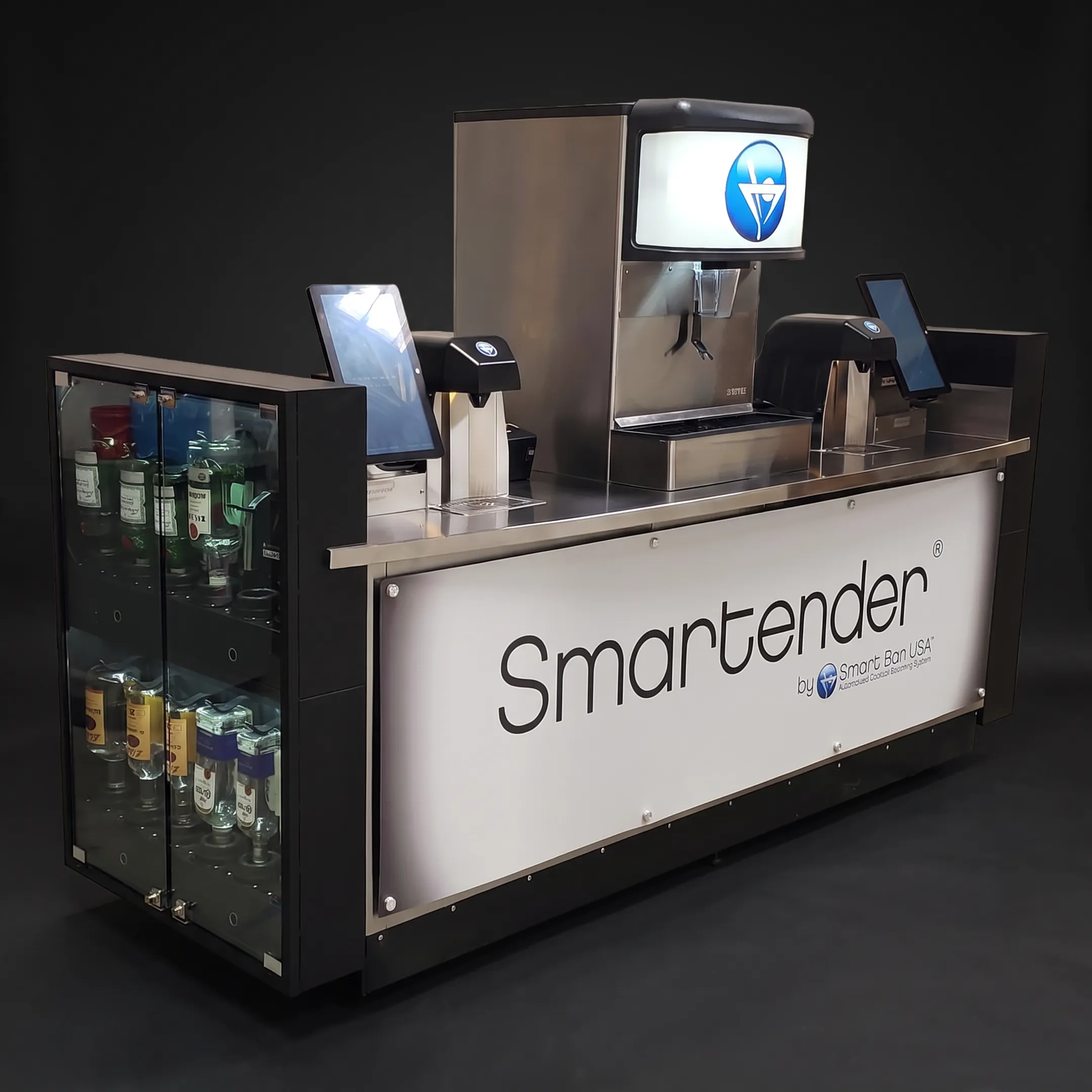 Automated Smartender cocktail dispenser serving drinks at a modern venue bar