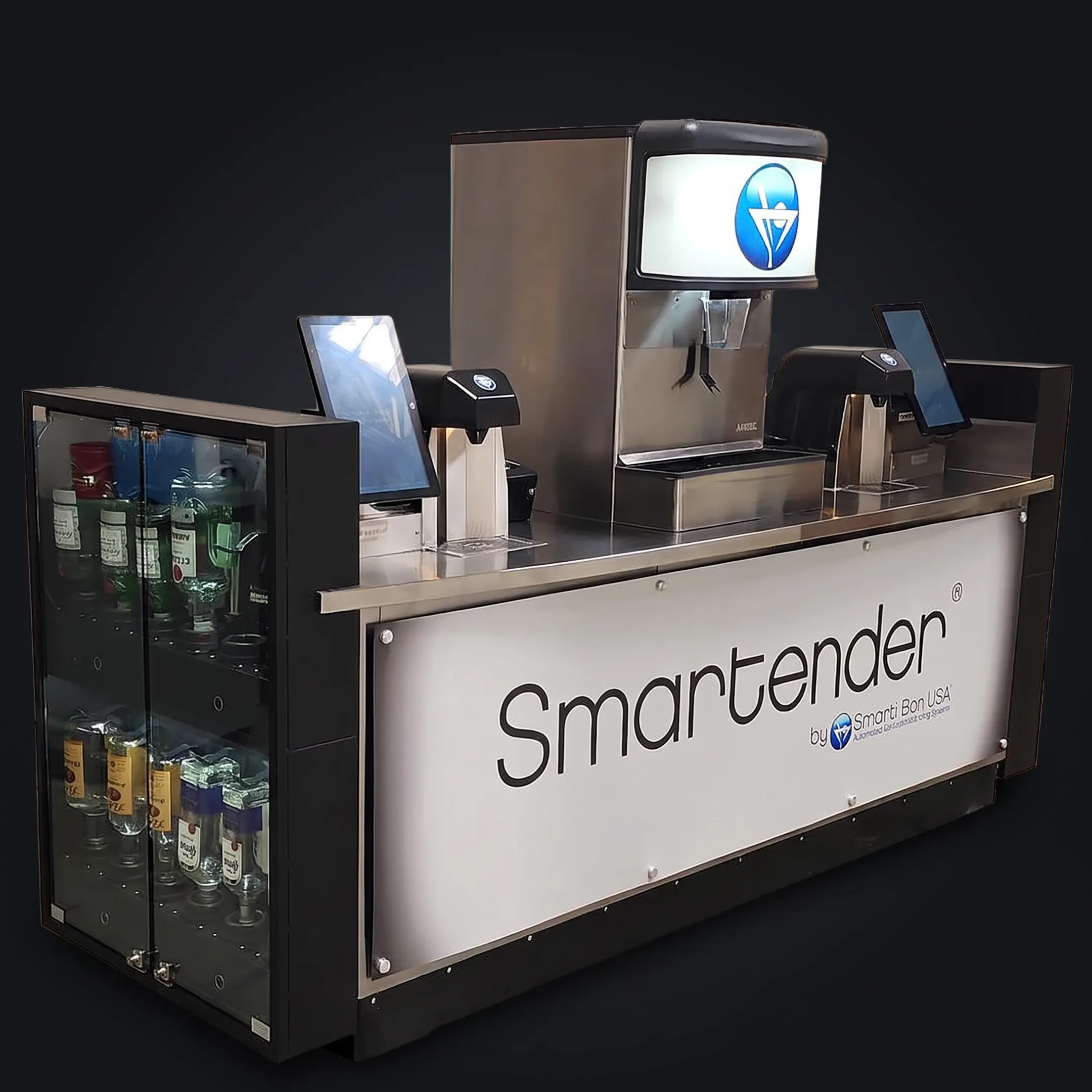 Smartender automated cocktail dispenser integrated into a professional bar