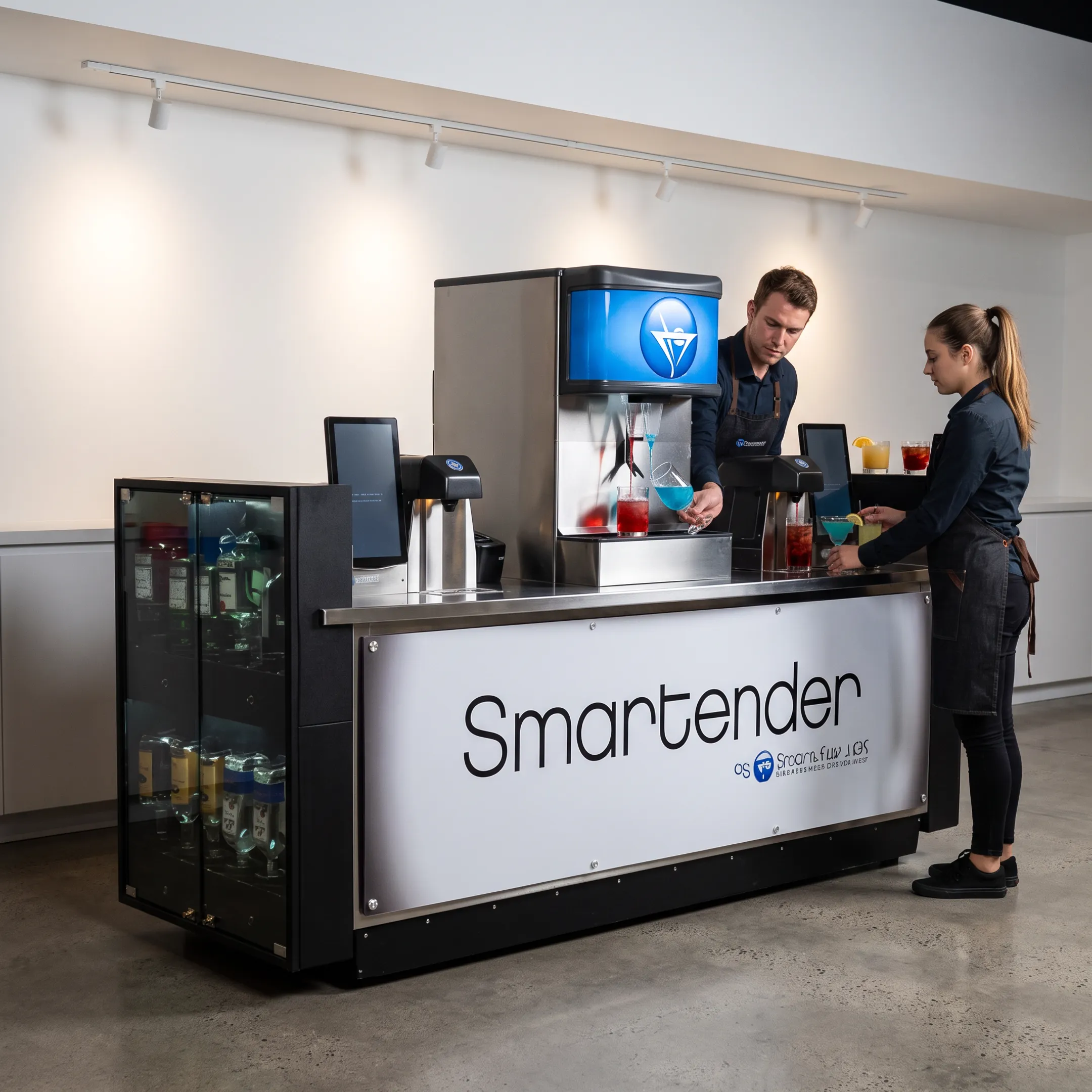 Automated Smartender machine dispensing cocktails at a modern commercial bar