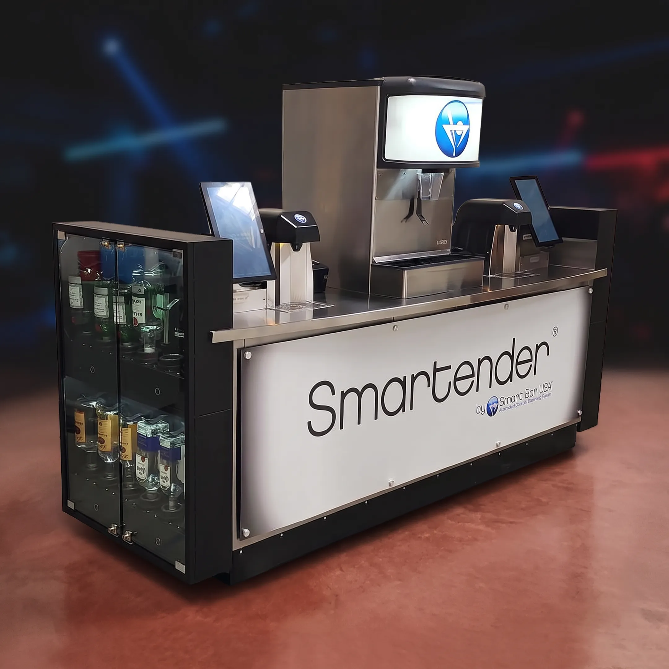 Automated cocktail bar system serving drinks in a modern hospitality venue