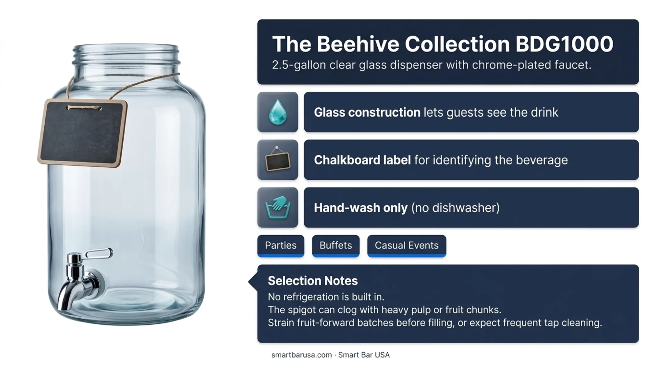 Glass beverage dispenser with spigot filled with fruit punch for party