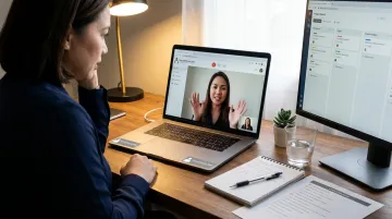 Remote team lead onboarding offshore staff member via video call with shared digital workspace
