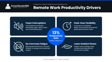 Four key remote work productivity drivers reducing workplace interruptions and commute fatigue