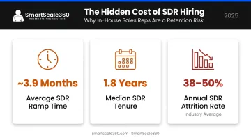 SDR hiring cost and attrition statistics three-metric comparison infographic