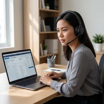 Remote financial customer support specialist assisting a client