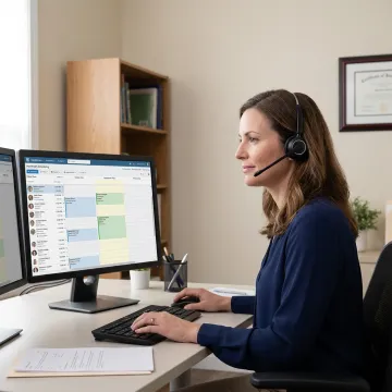 Remote medical receptionist answering patient calls