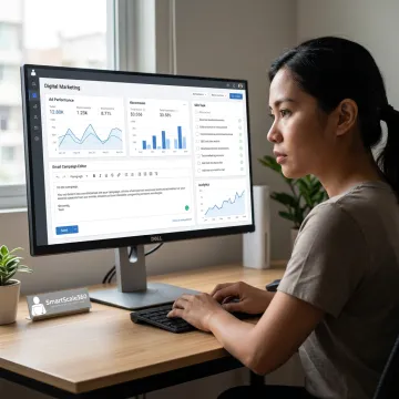 Digital marketing virtual assistant reviewing campaign dashboards