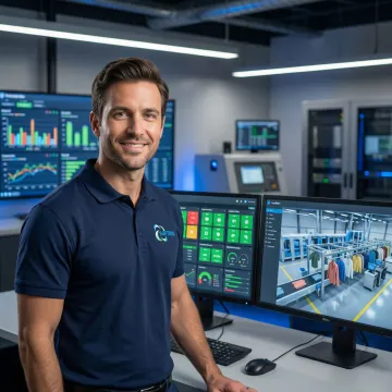 Industrial laundry automation control center with real-time monitoring displays