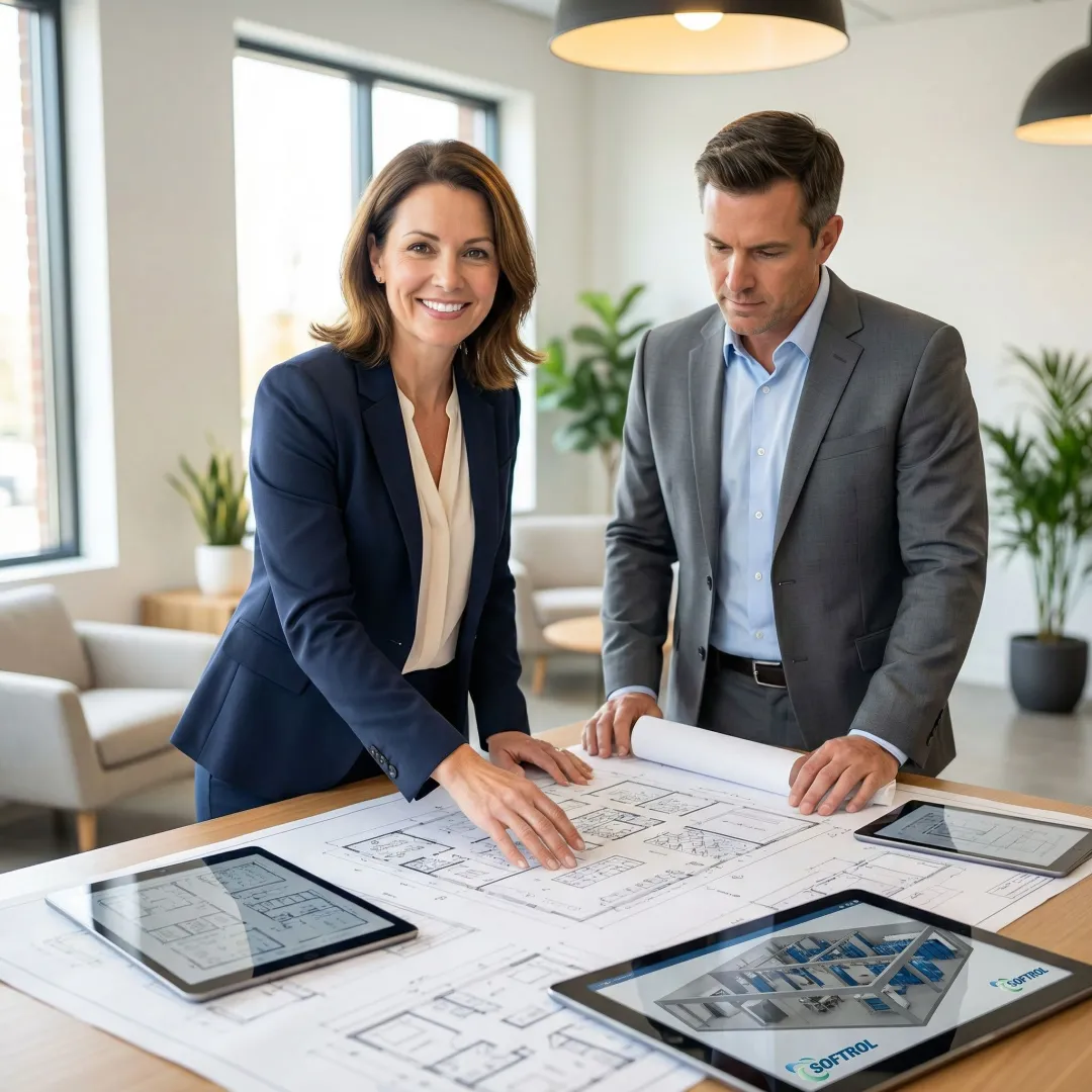 Laundry automation engineer reviewing system blueprints with facility manager