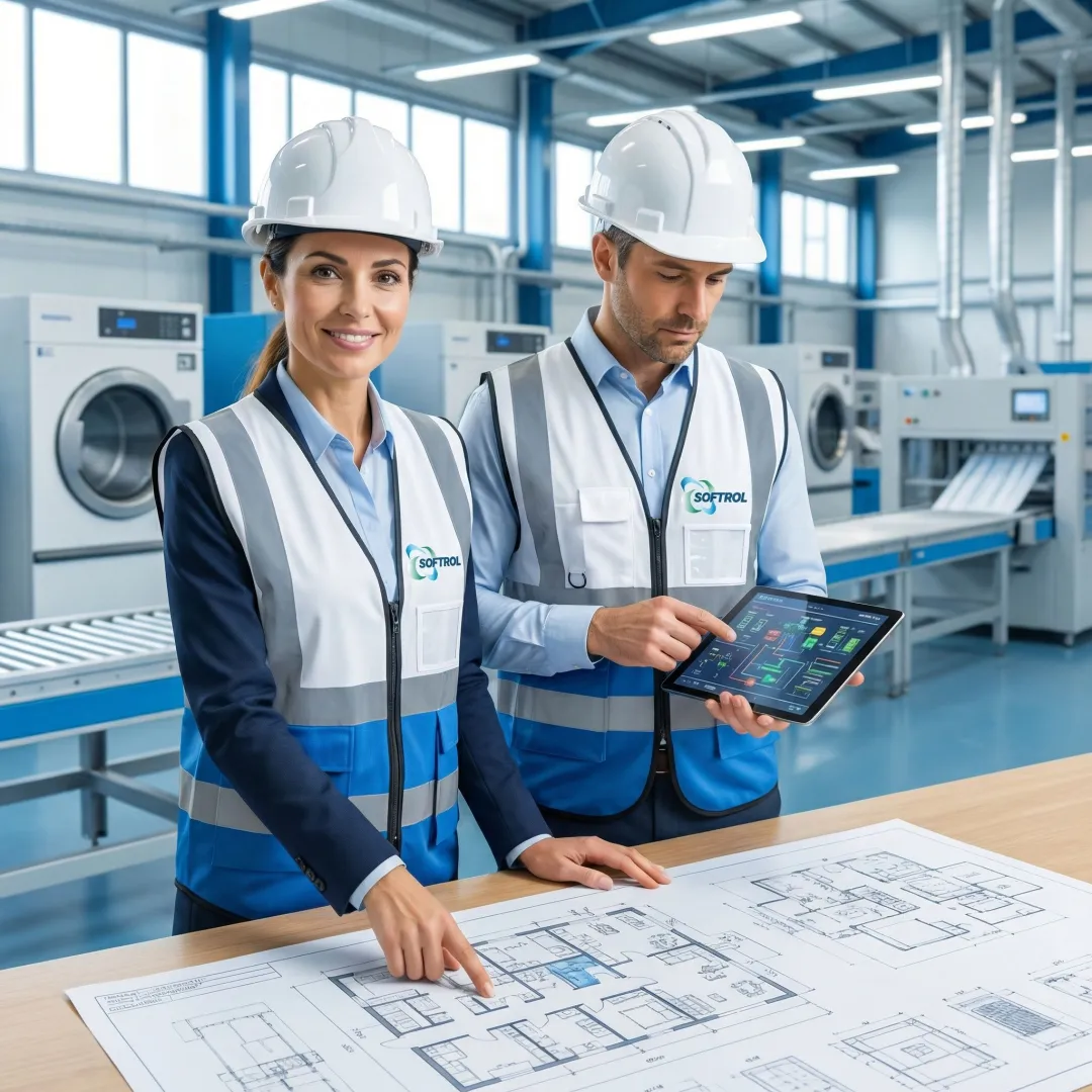 Laundry automation engineers reviewing facility blueprints and system designs