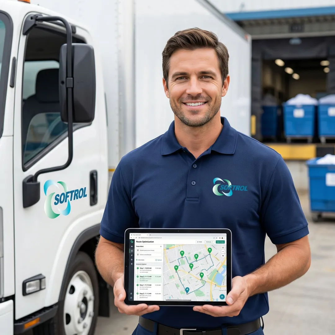 Delivery driver using route optimization software on tablet in textile rental delivery truck