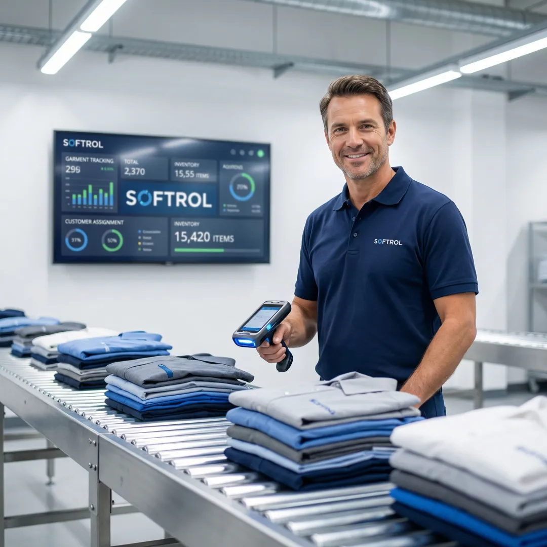 RFID scanner reading uniform tags in industrial laundry facility