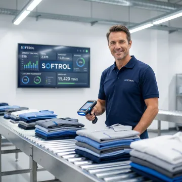 RFID scanner reading uniform tags in industrial laundry facility