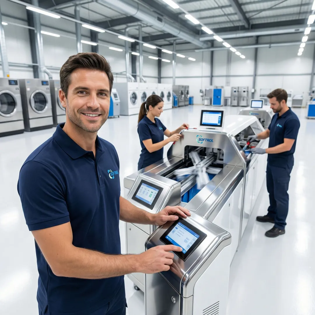Industrial laundry automation implementation with engineers and facility managers reviewing equipment installation