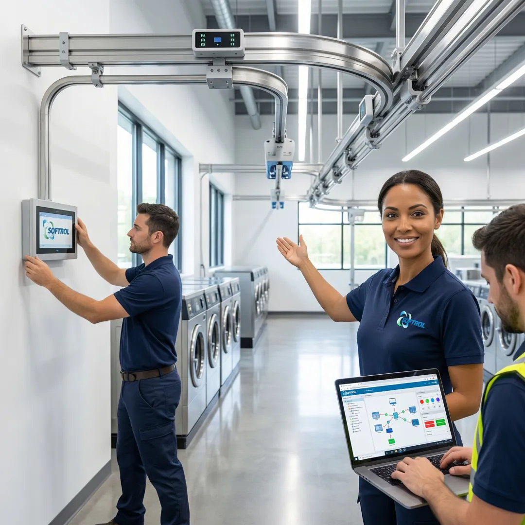 Industrial laundry technicians installing automated conveyor and sorting equipment