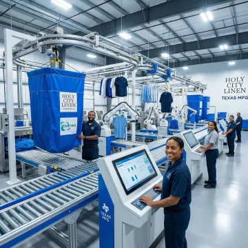 Modern automated industrial laundry facility in Texas with advanced sorting and processing systems