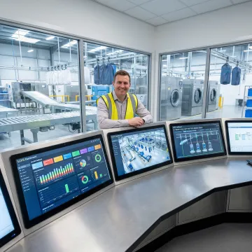 Automated laundry control center with touchscreen monitors displaying real-time production data