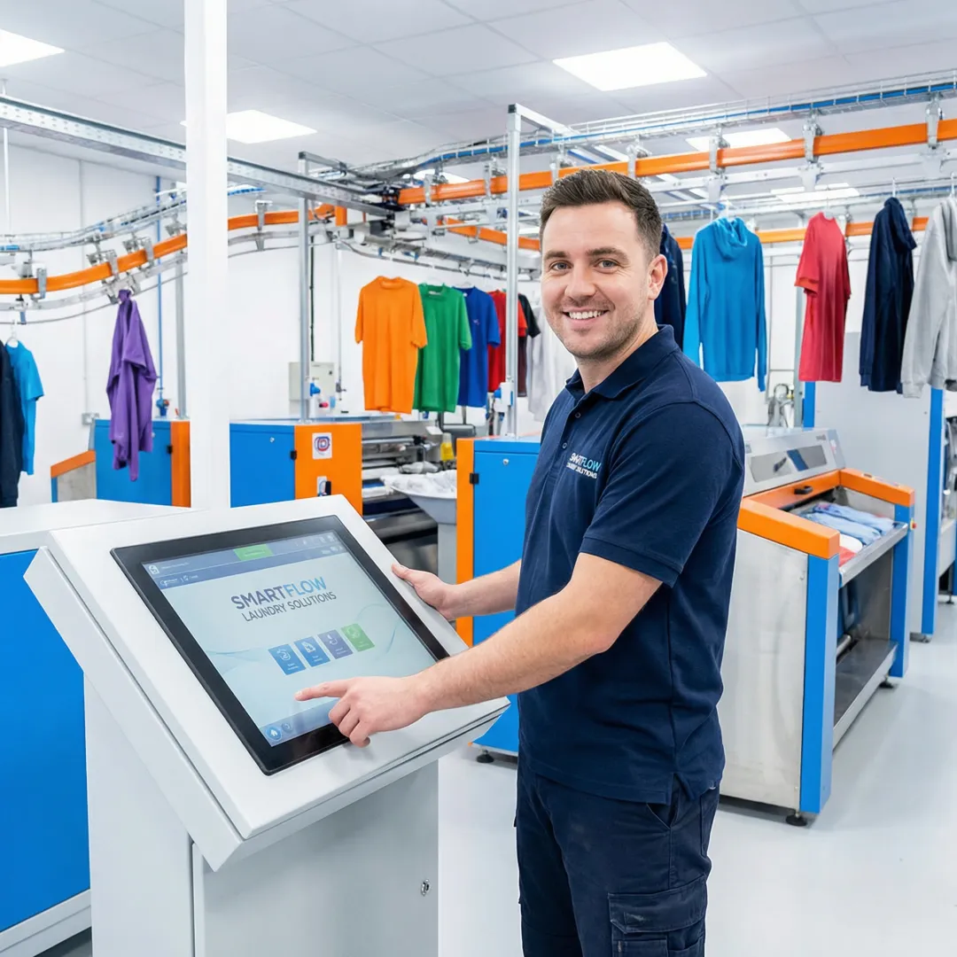 Technician installing automated laundry control system