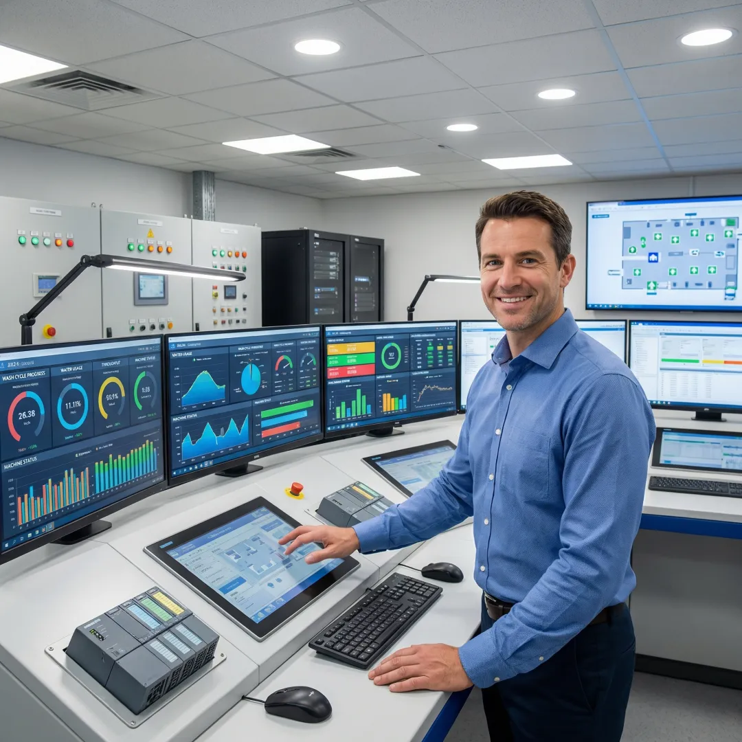 Automated laundry control room with multiple monitoring screens