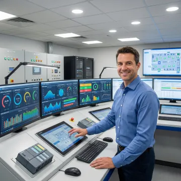 Automated laundry control room with multiple monitoring screens
