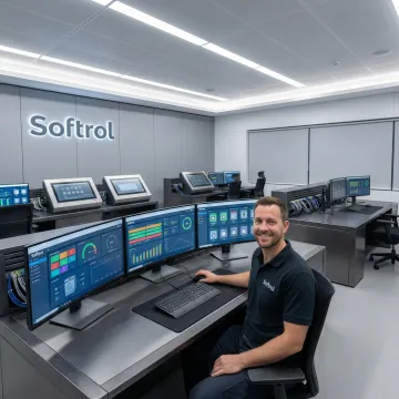 Laundry automation control center with multiple monitoring screens showing real-time production data