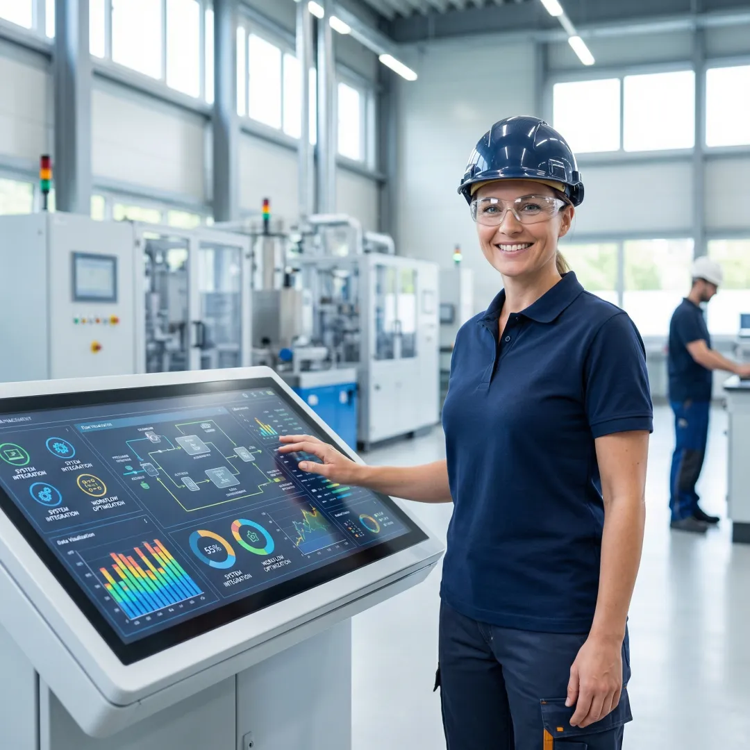 Technician configuring industrial laundry automation control panel with touchscreen interface