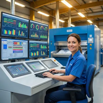 Operator managing automated laundry control center with multiple monitoring screens