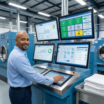 Operator using touchscreen interface to monitor automated laundry system performance