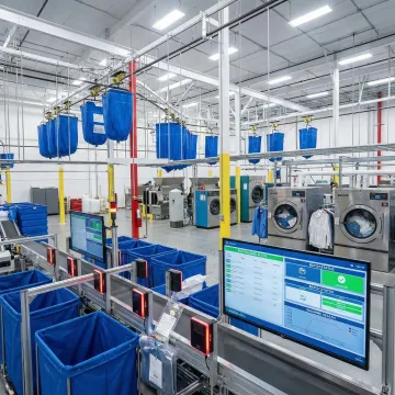 Modern industrial laundry facility with automated sorting system and conveyors