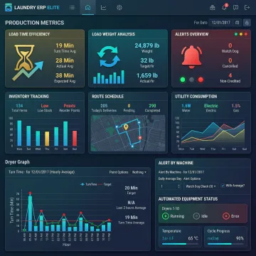 Integrated laundry management dashboard showing real-time production data and automated system controls