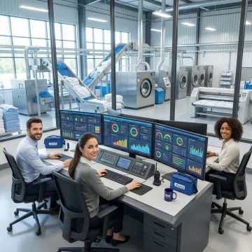 Integrated laundry plant control room with multiple monitors displaying real-time production data and automated systems